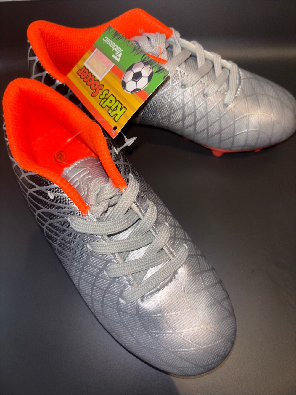 Jabasic Silver Kids Soccer ⚽️ (Football) Cleats with Bright Orange Interior